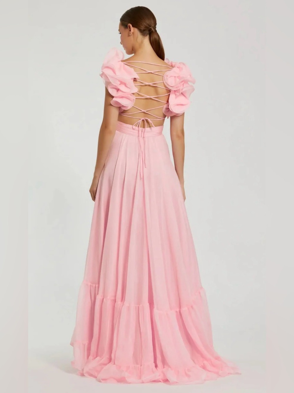 NEW MAC DUGGAL
Pink Ruffle Tiered Cut-Out Chiffon Gown in Blush Sz: 4 #67911 - Picture 3 of 13